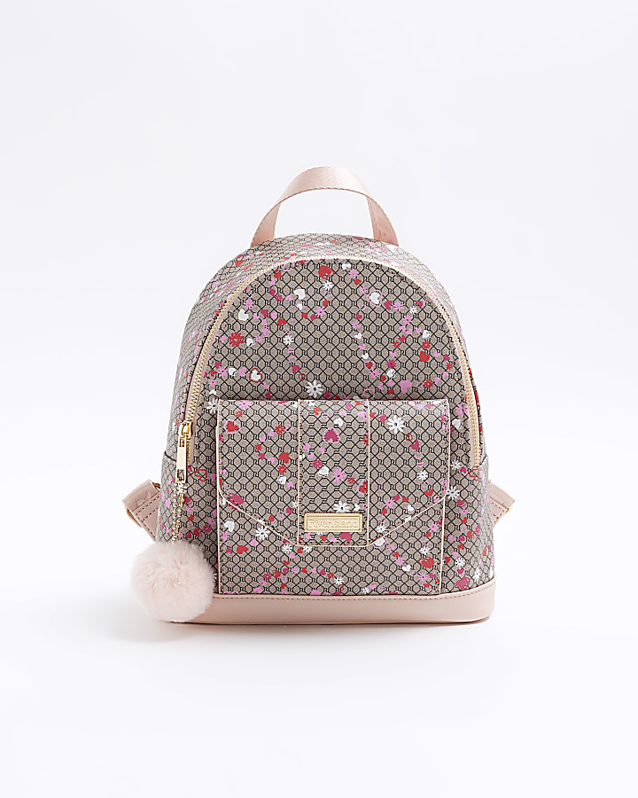 Girls brown floral monogram backpack