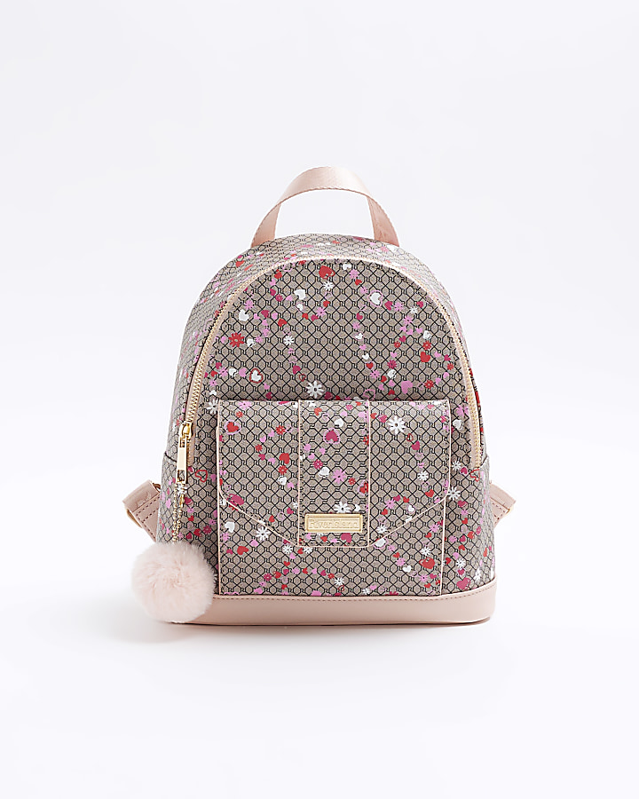 Girls brown floral monogram backpack River Island