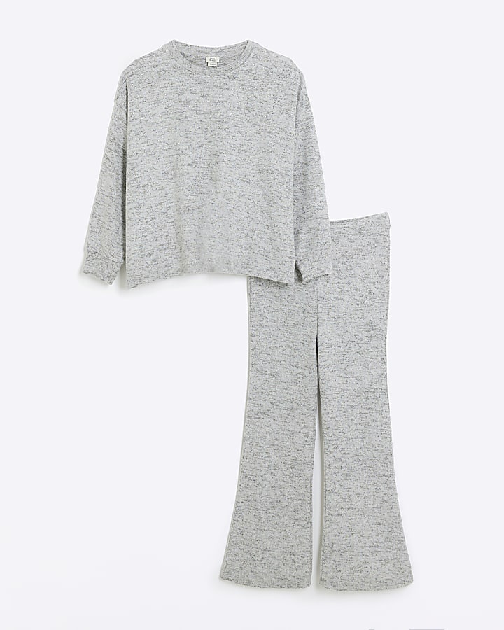 Girls grey diamante top and trousers set