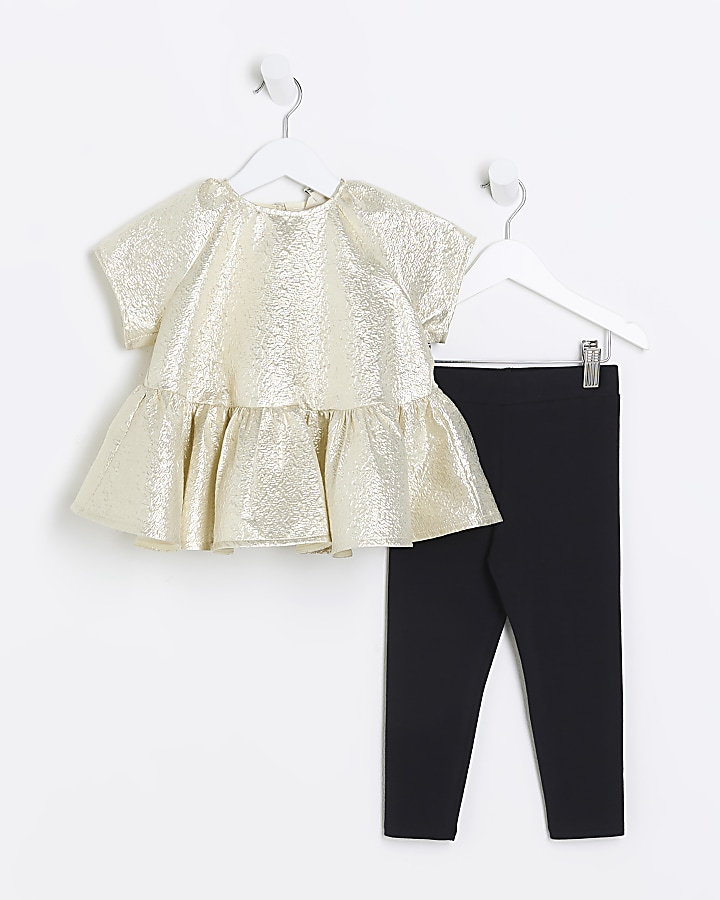 Mini girls gold blouse and leggings set