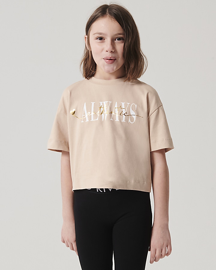 Girls beige graphic crop t-shirt | River Island