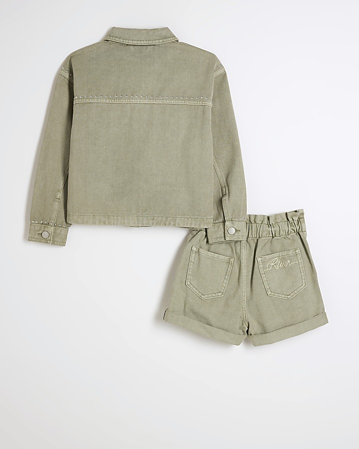 Girls green denim shacket and shorts set