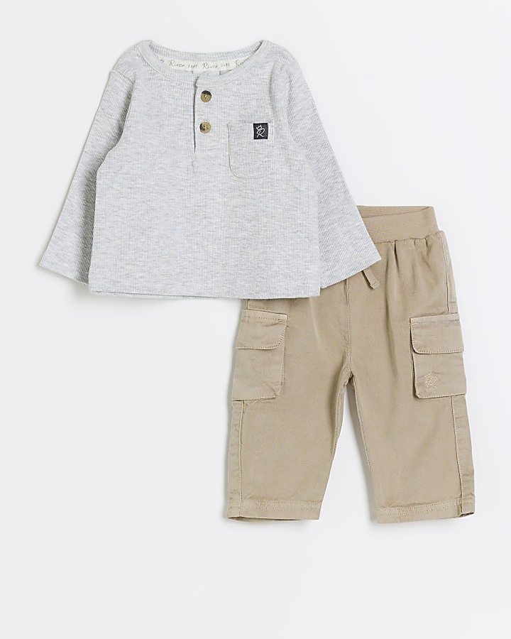 Baby boys grey rib top and cargo trousers set