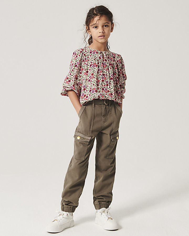 Girls khaki herringbone belted cargo trousers