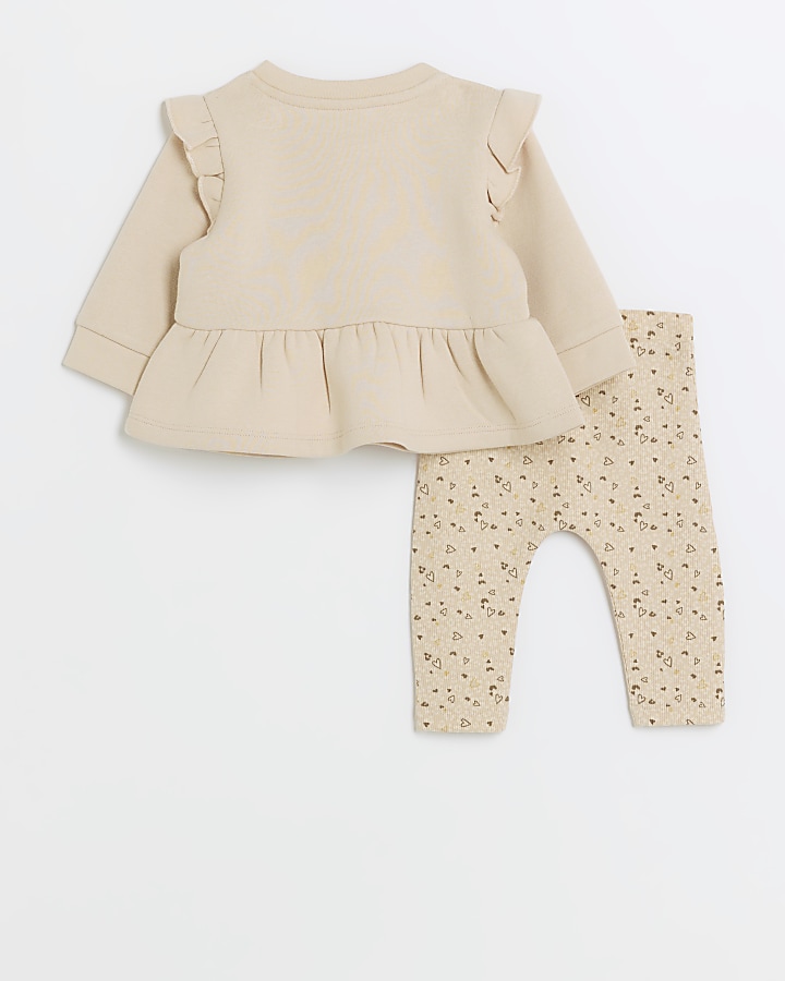 Baby girls beige bow peplum sweatshirt set