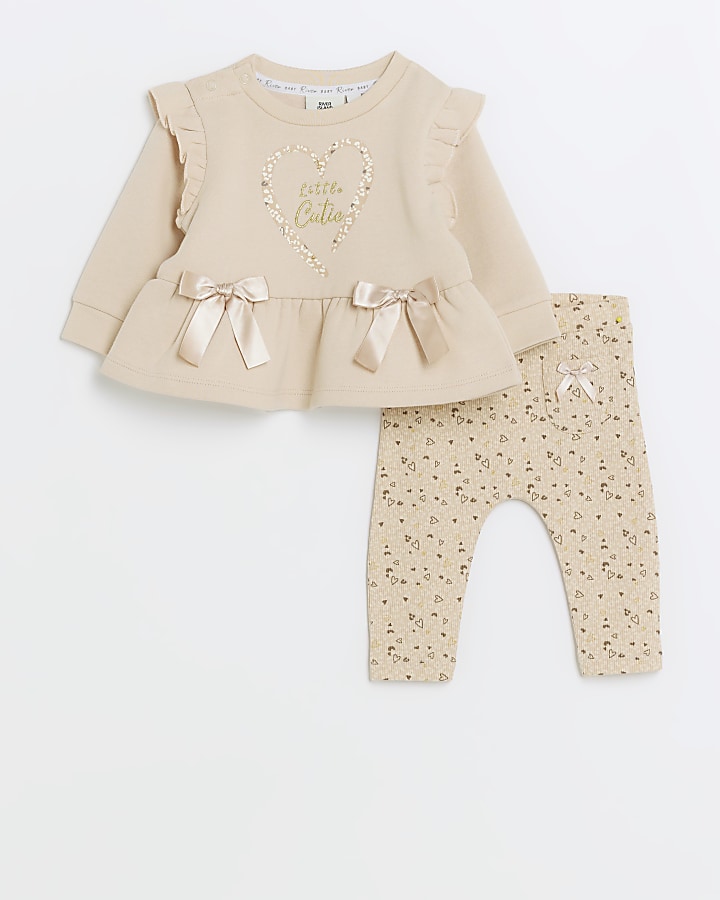 Baby girls beige bow peplum sweatshirt set