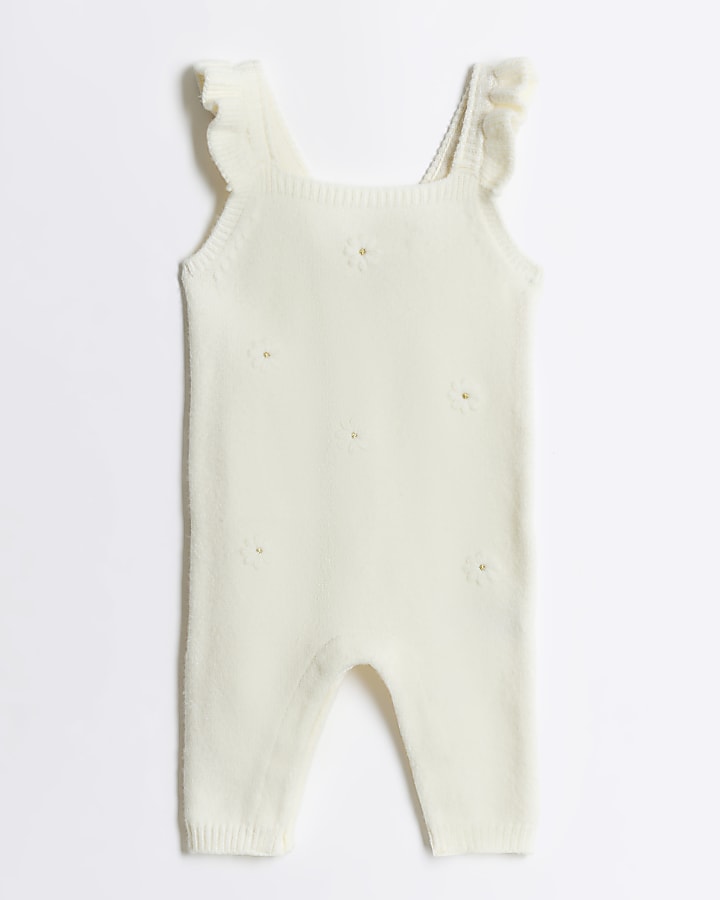 Baby girls cream knitted floral dungarees