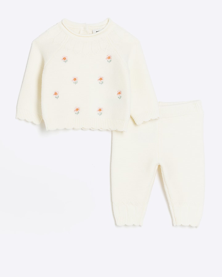 Baby girls ecru floral embroidered jumper set