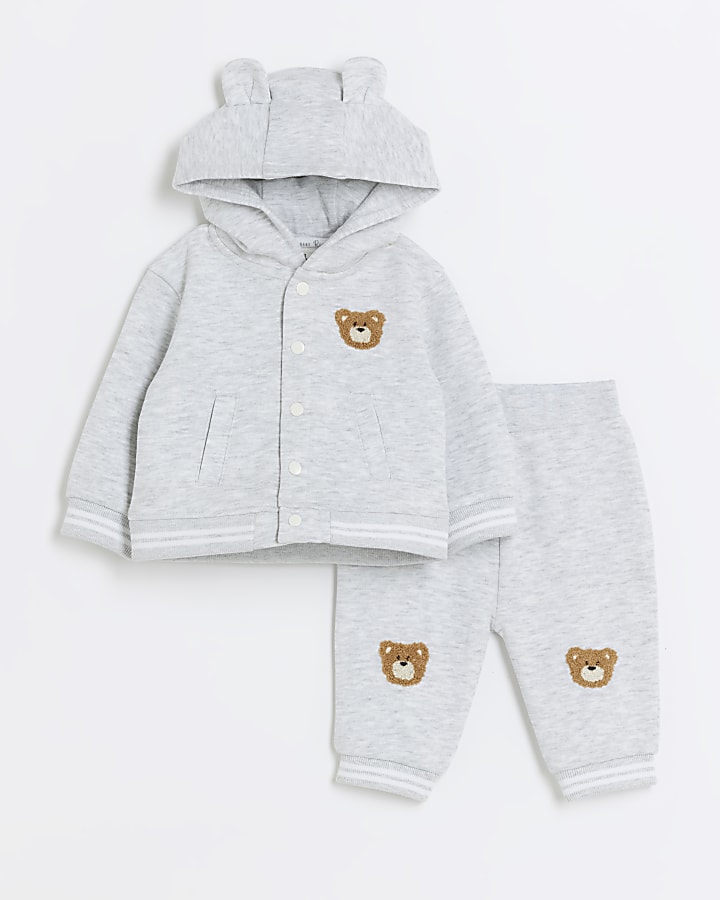 Baby grey bear hoodie and joggers set | River Island