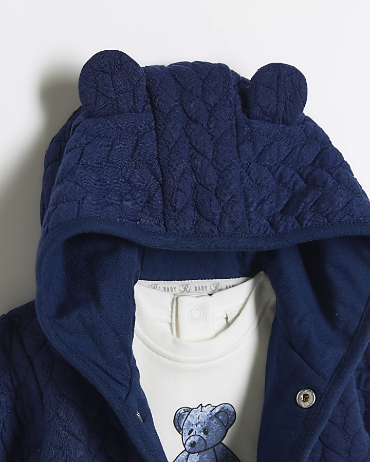 Baby boys navy quilted bear hood jacket set