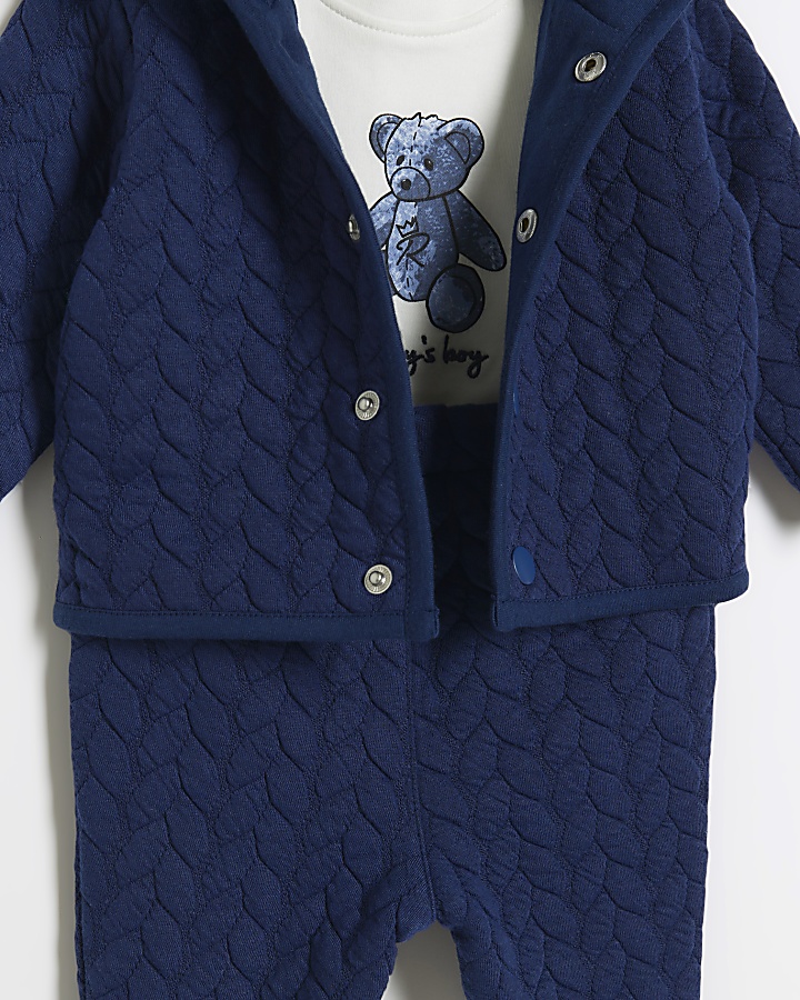 Baby boys navy quilted bear hood jacket set