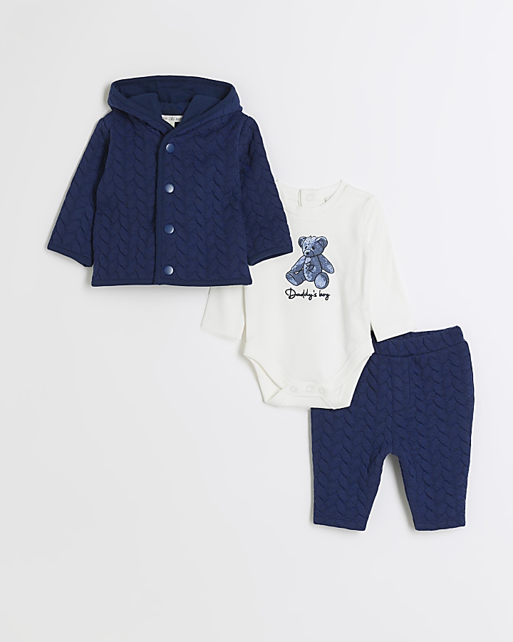 Baby boys navy quilted bear hood jacket set