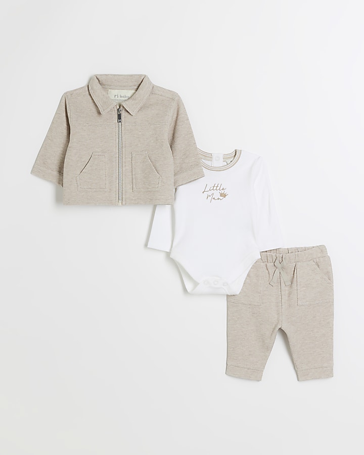 Baby Boys beige twill zip up jacket set