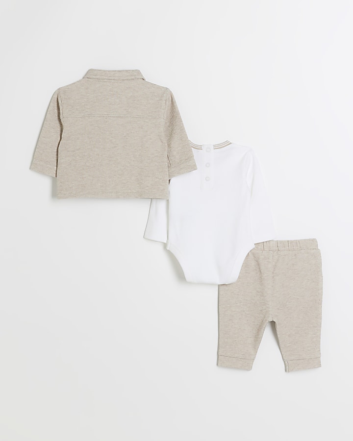 Baby Boys beige twill zip up jacket set River Island