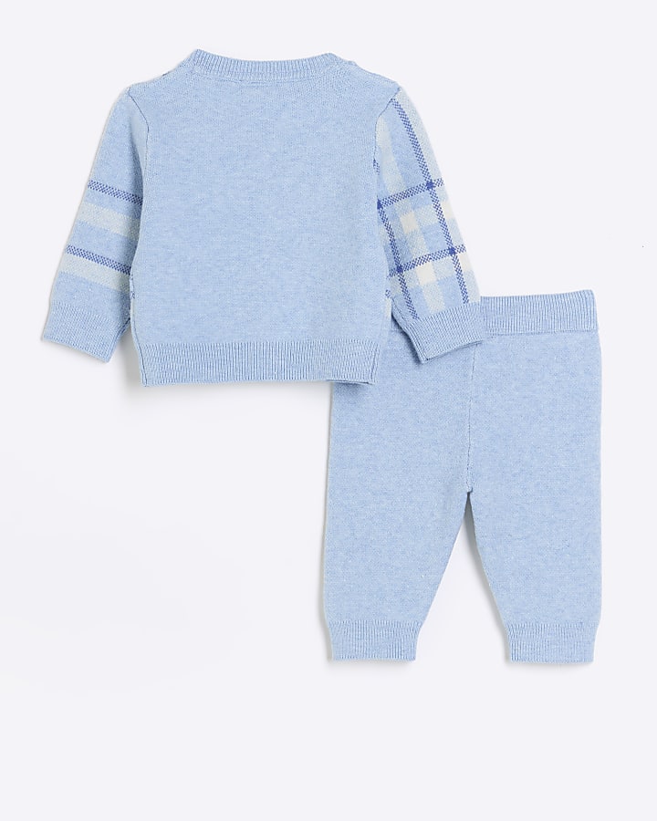 Baby boys blue knitted check jumper set | River Island