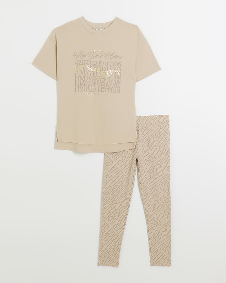 Girls beige graphic t-shirt and leggings set
