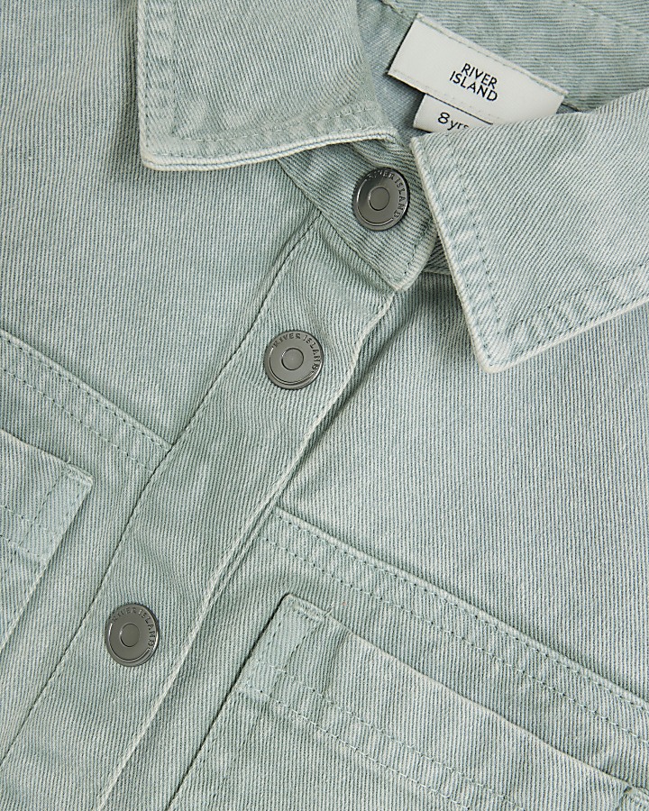Girls green denim button up shirt dress River Island