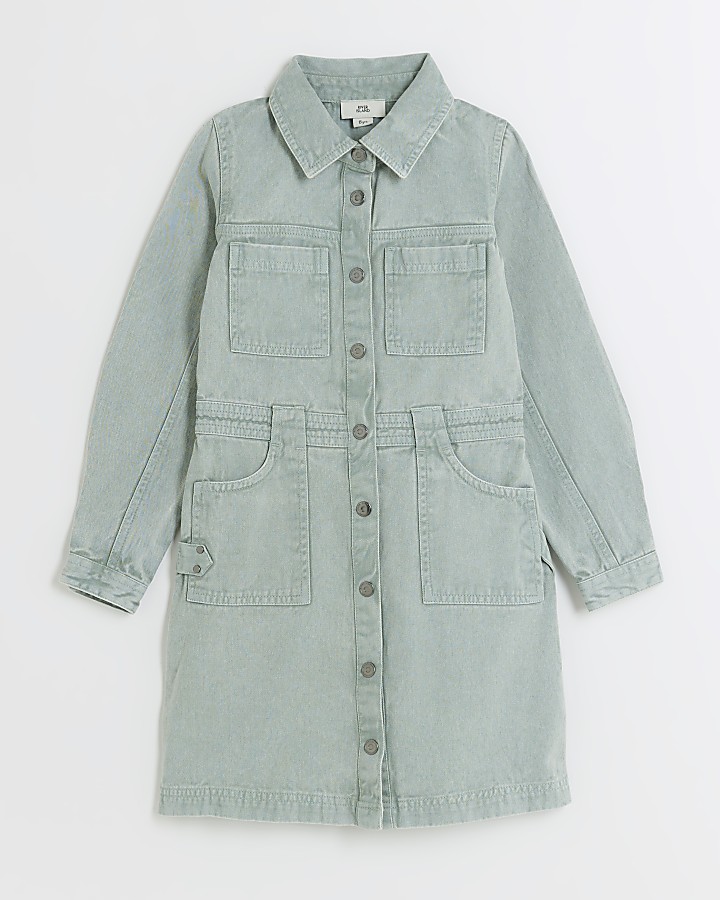 Girls green denim button up shirt dress