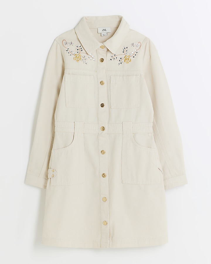 Girls cream floral utility shirt dress