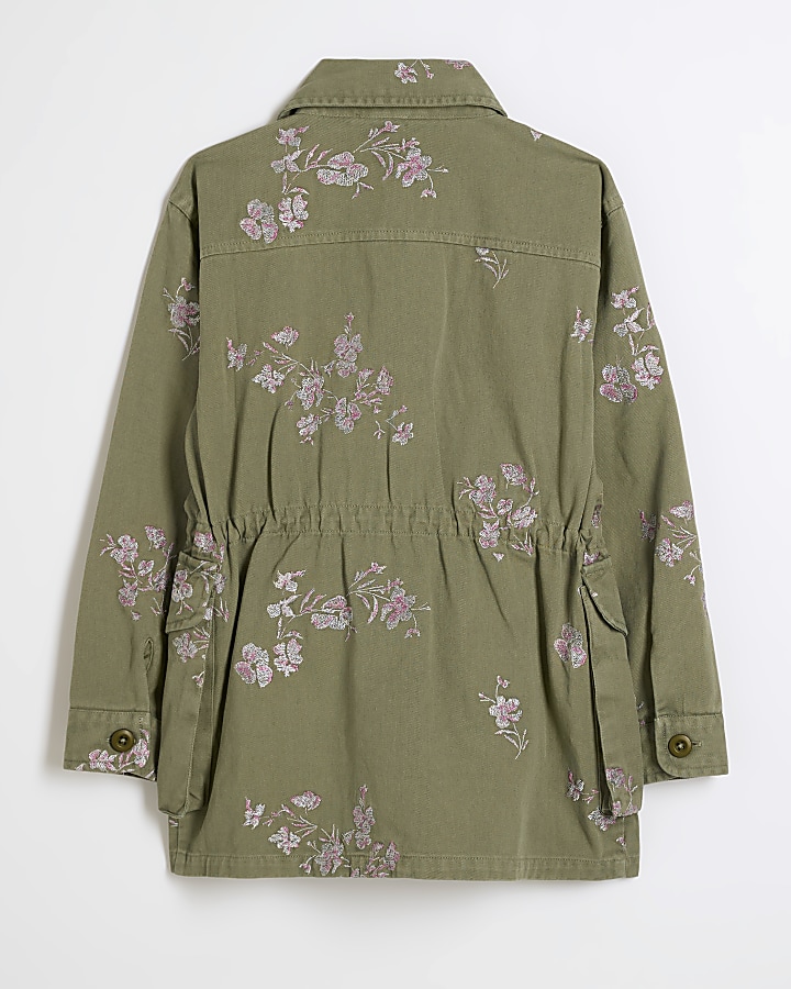 Girls khaki embroidered floral jacket