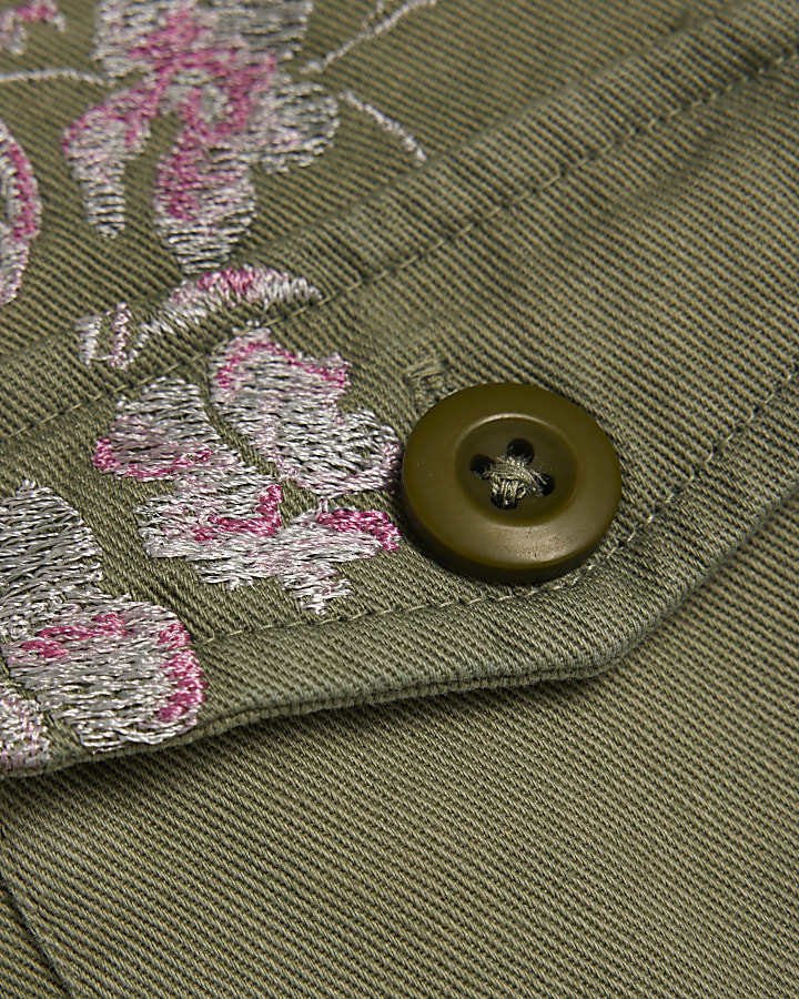 Girls khaki embroidered floral jacket