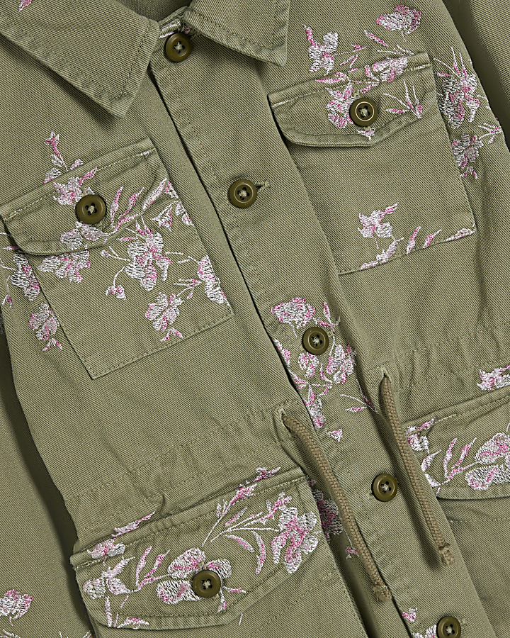 Mini girls khaki embroidered floral jacket