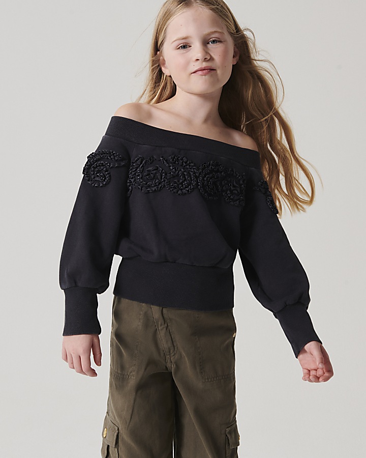 Girls grey flower bardot sweatshirt