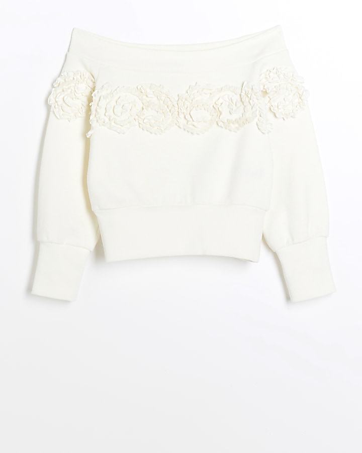 Girls cream flower bardot sweatshirt