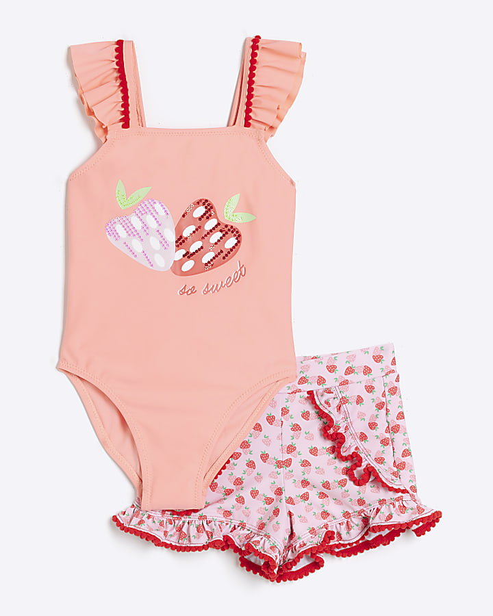 Mini girls coral strawberry swimsuit set