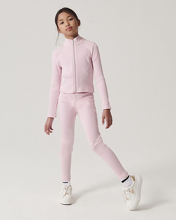 Girls pink rib zip up sweatshirt set