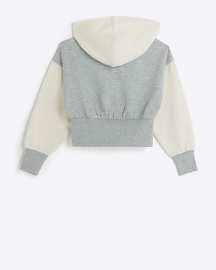 Girls grey colour block crop hoodie