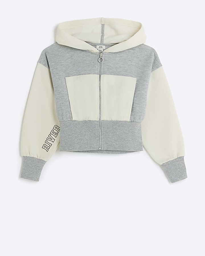 Girls grey colour block crop hoodie
