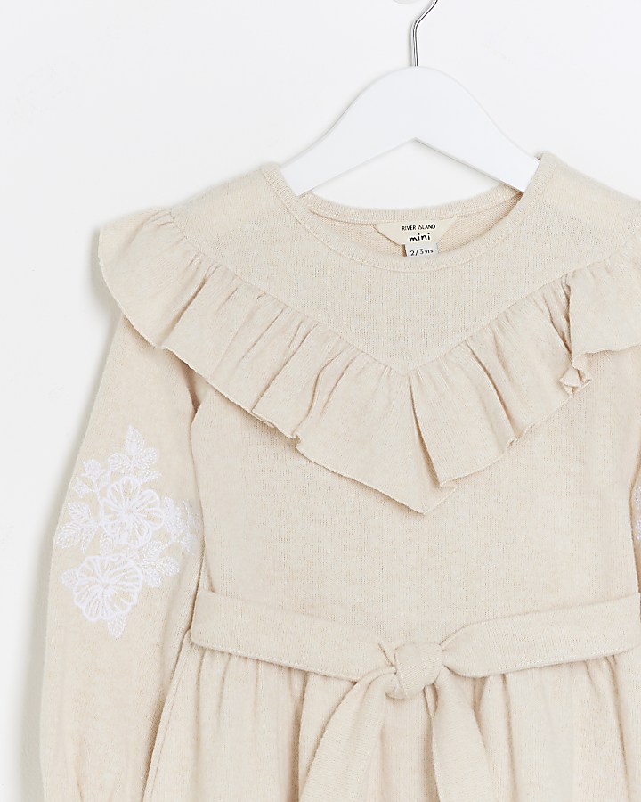 Mini girls beige embroidered dress