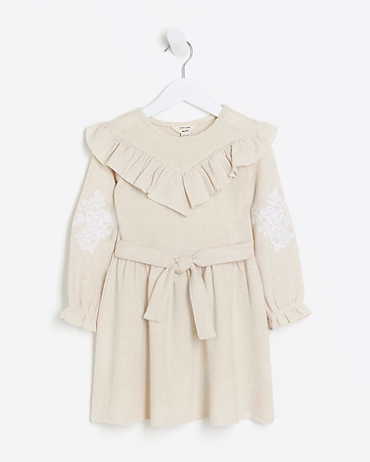 Mini girls beige embroidered dress