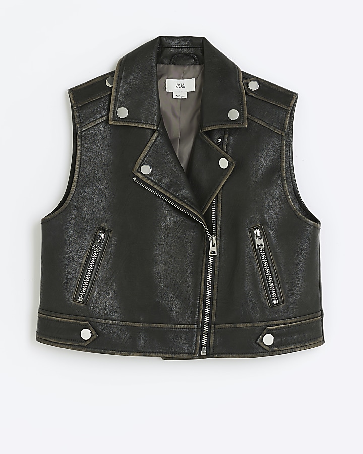 Girls black faux leather biker gilet | River Island