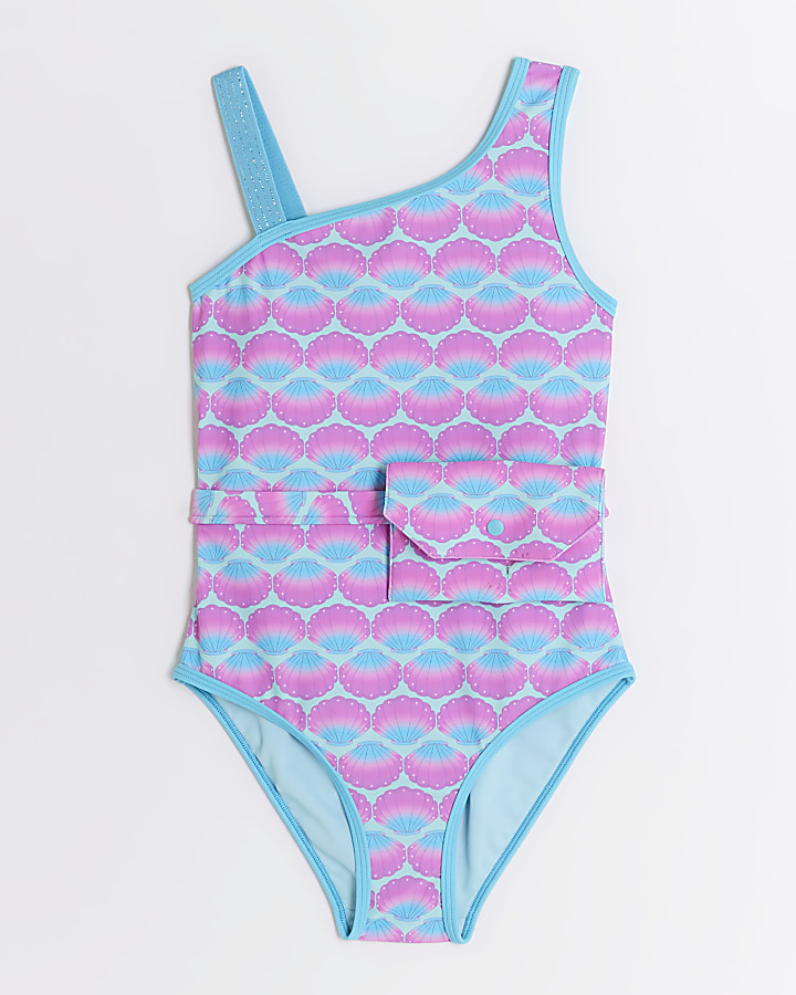 Girls blue shell swimsuit and bag set