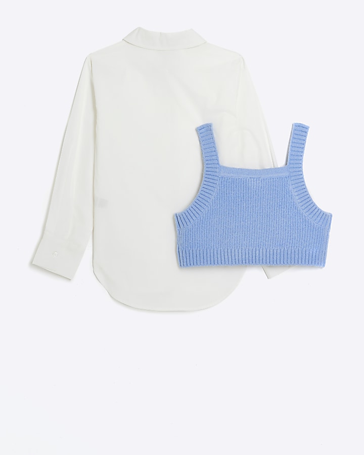 Girls Blue Embellished Knit Top and Shirt Set
