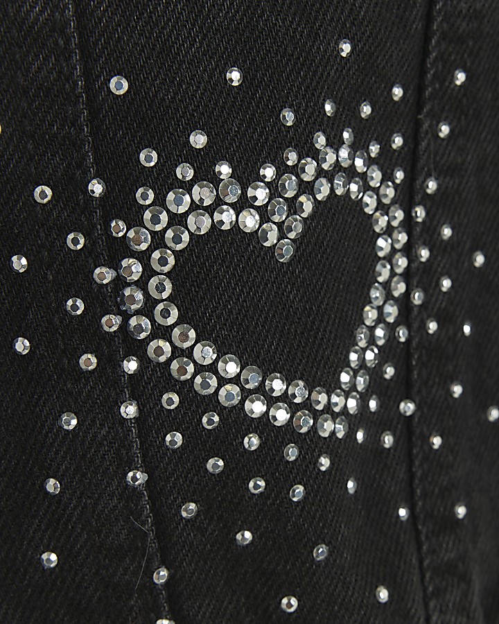 Girls black denim diamante heart jacket