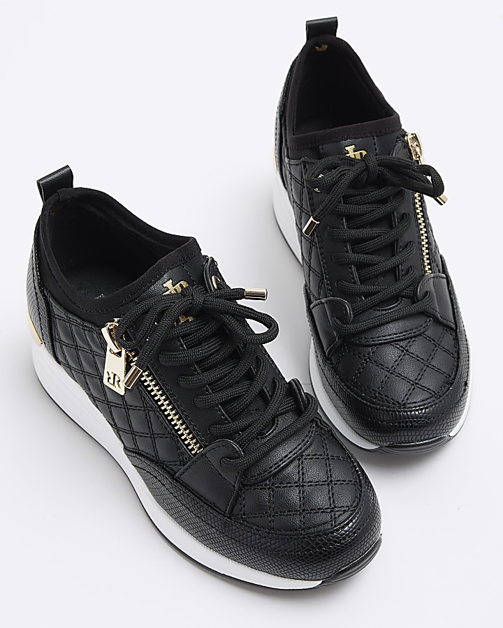 Girls black quilted wedge trainers