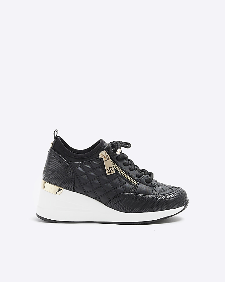 Girls black quilted wedge trainers