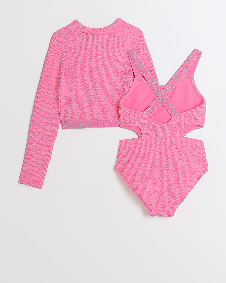 Girls pink textured cut out swimsuit set