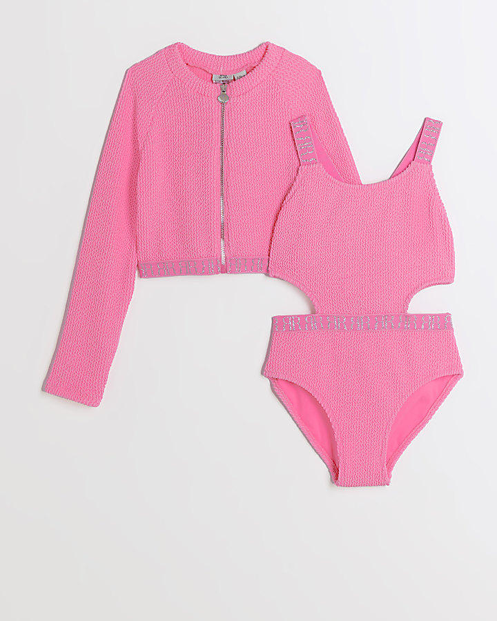 Girls pink textured cut out swimsuit set