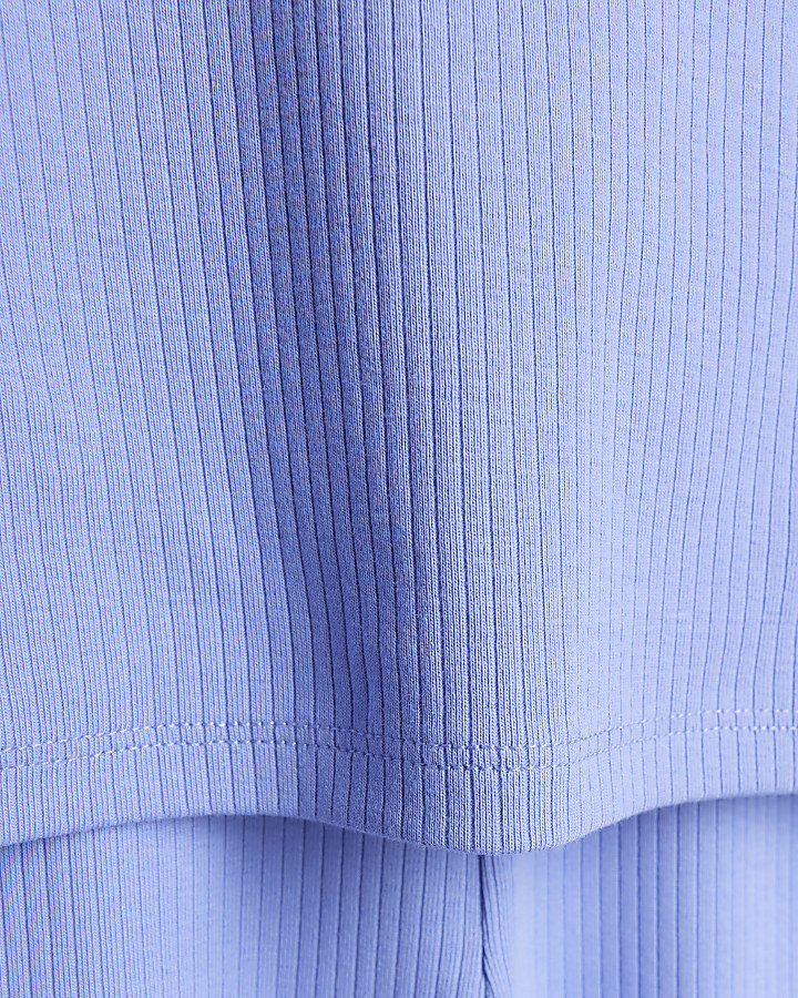 Mini girls blue rib frill long sleeve top set