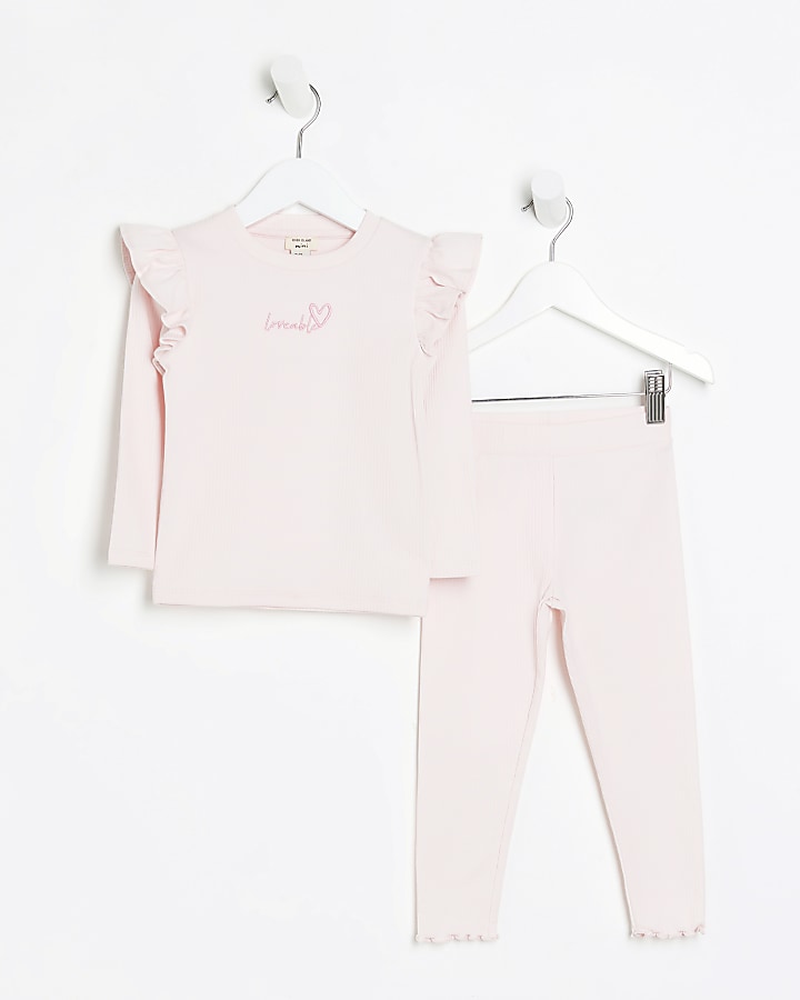 Mini girls pink rib frill long sleeve top set