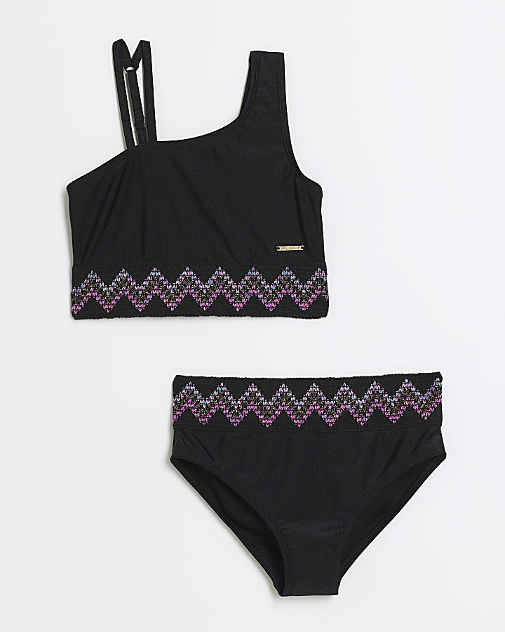 Girls black zig zag elastic bikini set