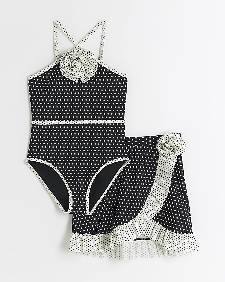 Girls black spot corsage swimsuit set