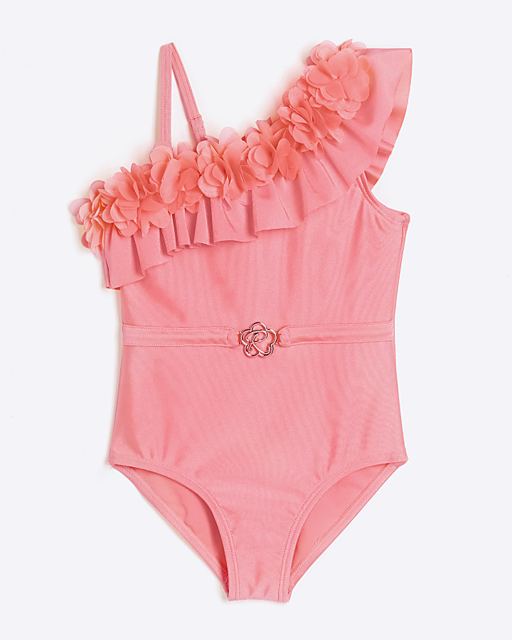 Mini girls pink flower asymmetric swimsuit