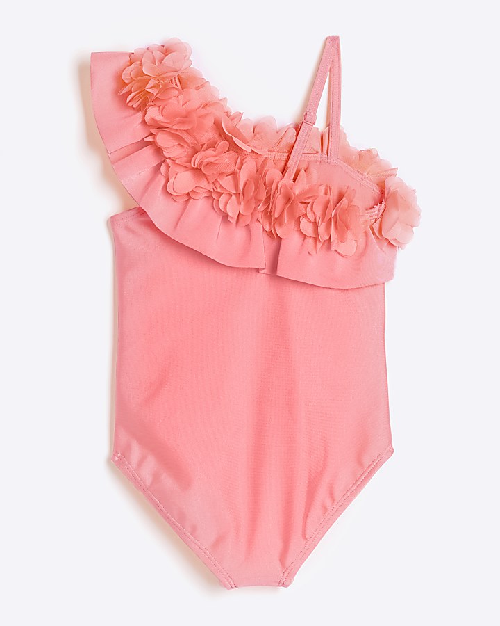 Mini girls pink flower asymmetric swimsuit | River Island
