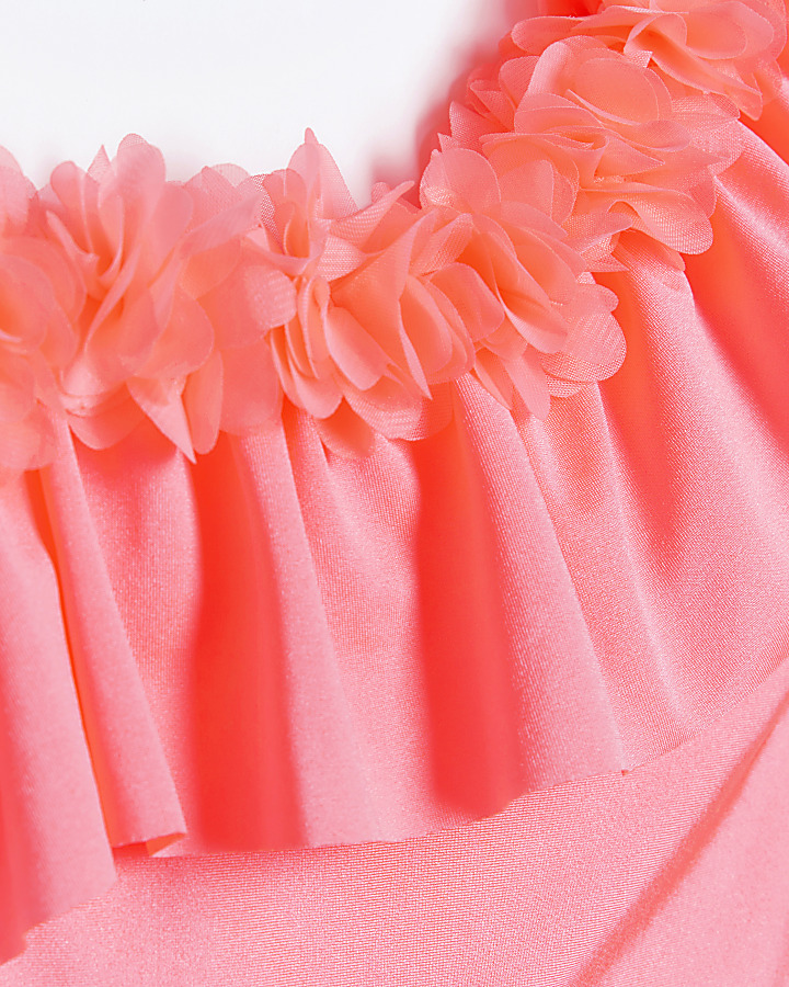 Girls pink flower asymmetric swimsuit