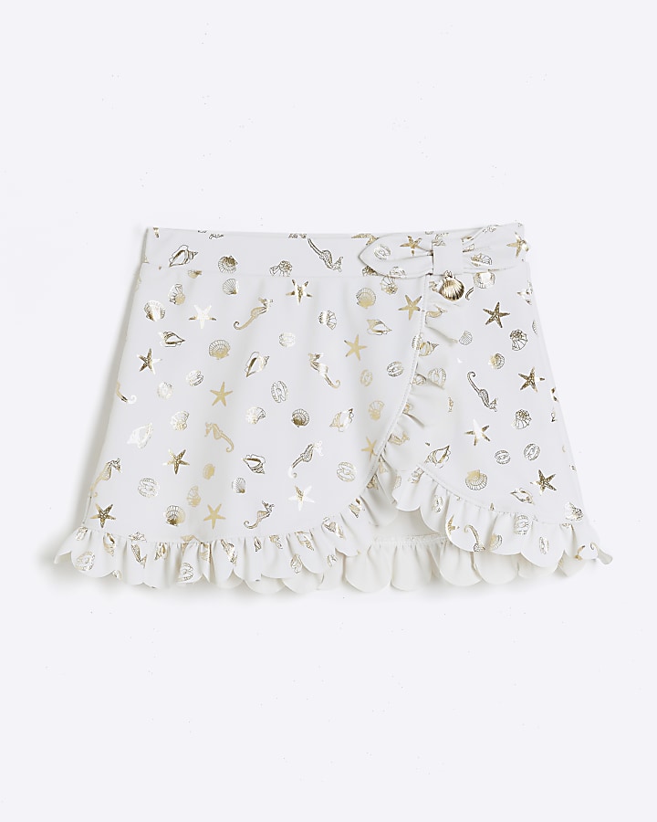 Mini girls cream shell wrap swim skirt